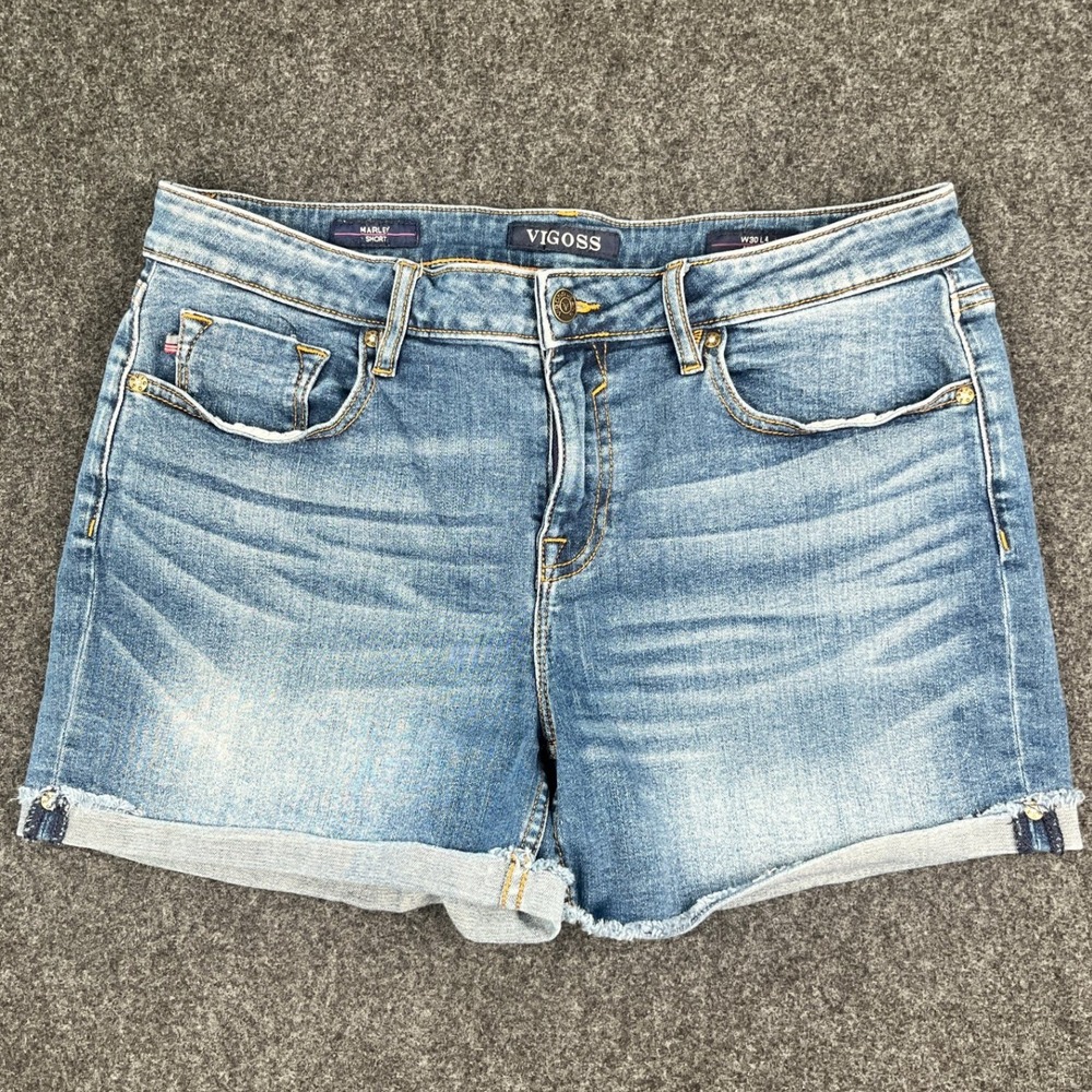 Vigoss Marley Mid Rise Denim Shorts Medium Wash Cuffed Raw Hem Size 30 L4